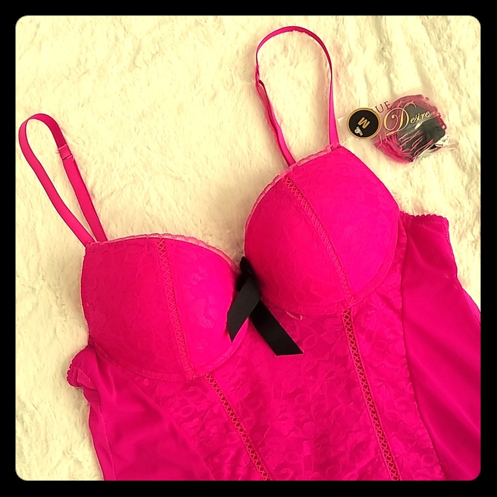 NWT pink mesh, lace, black satin ribbon lingerie